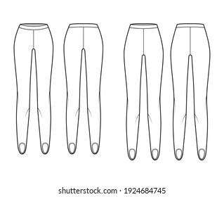 Set of knit Stirrup Pants, technical fashion illustration with normal low waist, high rise, full length. Flat training, trousers apparel template front, back, white color. Women' mockup