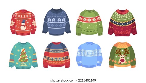 Juego de sudaderas para la fiesta de Navidad. Acogedora colección de Jumpers calientes con adorno de Snowman, reno, spruce y copos de nieve. Ropa De Invierno Aislada En Fondo Blanco. Ilustración del vector de dibujos animados