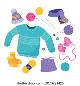 Juego de Ropa de Invierno Knit y Ropa de lana ultravioleta Jumper, Scarf, Hat, Mittens y Socks con Yarn y Needles. Colorida tela estacional aislada en fondo blanco. Colección de vectores de caricatura