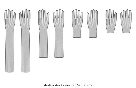 Set of Knit Wool Gloves Elbow Short Wrist length Fashion hand accessory clothing technical illustration garment. Vector front palm back view for Men women unisex style flat template CAD mockup sketch