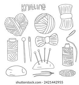 set of knit yarn doodle isolated on white background. Knitted embroidered. Knitting needles and crochet hook. Wicker basket with wool yarn balls