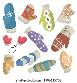 Un conjunto de mitones brillantes de punto. Ilustración vectorial.
Hora de invierno. Guantes de invierno o mitones de lana. Iconos para el diseño. Patrones y adornos interesantes.
