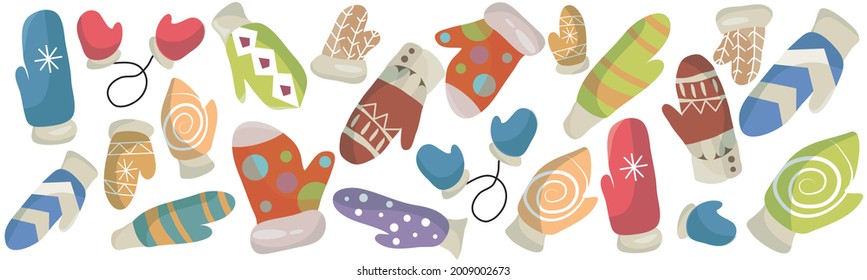 A set of knitted bright mittens. Vector illustration.
Winter time. Winter gloves or woolen mittens. Icons for the design. Interesting patterns and ornaments.