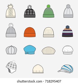 Set of knitted cap sketches, vector illustration