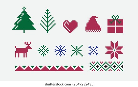 Set of Knitted Christmas Elements Featuring Tree, Hear, Santa Hat, Gift Box, And Deer. 