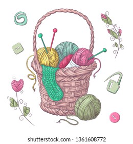 A set of knitted clothes clew knitting needles. Hand drawing. Vector illustration