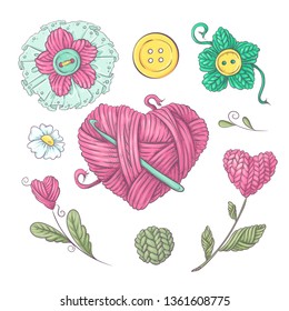 A set of knitted clothes clew knitting needles. Hand drawing. Vector illustration