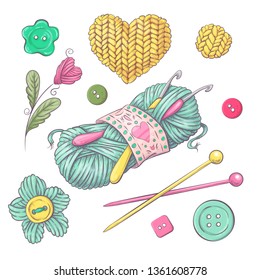 A set of knitted clothes clew knitting needles. Hand drawing. Vector illustration