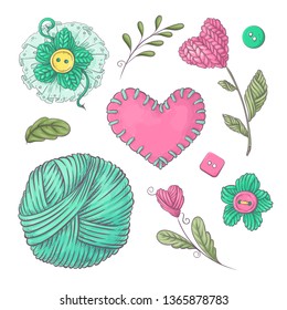 A set of knitted clothes clew knitting needles. Hand drawing. Vector illustration