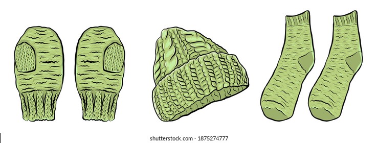 set of knitted clothes - a hat, mittens, socks. Green threads, winter fashion, vector illustration, hand-drawn