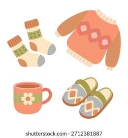 set of knitted clothes and mug, cozy winter elements, vector illustration in flat style