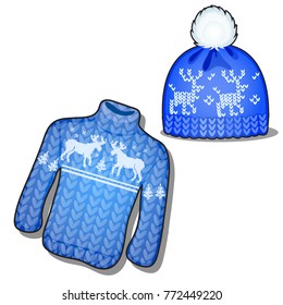 Set of knitted clothes with patterns of reindeers isolated on white background. Blue sweater and hat with pompom made of woolen yarn. Clothing for winter sports. Vector cartoon close-up illustration.