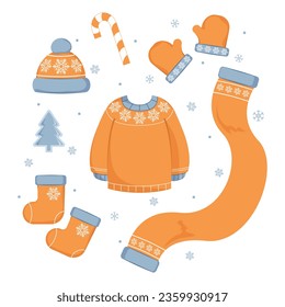 Set of knitted cute cozy Christmas clothing