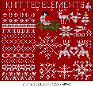 Set of knitted elements, ornaments, snowflakes and other Christmas decorations on a red background