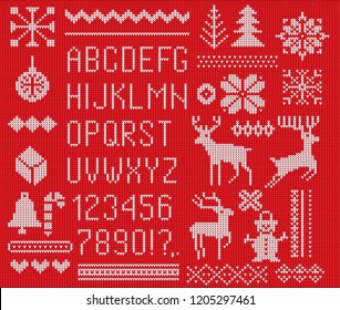 Set of knitted font, elements and borders for Christmas, New Year or winter design. Ugly sweater style. Sweater ornaments for scandinavian pattern. Vector illustration. Isolated on red background.