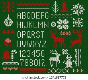 Set of knitted font, elements and borders for Christmas, New Year or winter design. Ugly sweater style. Sweater ornaments for scandinavian pattern. Vector illustration. Isolated on green background.