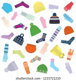 Set of knitted gloves sketches, vector illustration,the pattern on the fabric,flat design