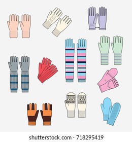 Set of knitted gloves sketches, vector illustration