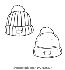 Juego De Sombrero De Punto. Ilustración de esbozo dibujada a mano. Ropa de invierno para la cabeza