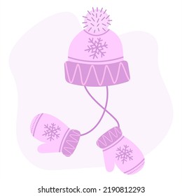 A set of a knitted hat and mittens for a girl. Cute baby knitted warm autumn and winter accessories. Hats and accessories for children Accessory for clothes for cold weather. Flat vector illustration.
