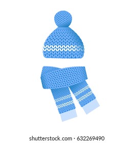 Set of knitted hat, scarf in blue color