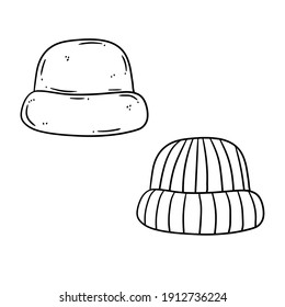 Set Of Knitted Hat. Winter clothing for the head. Hand-drawn sketch illustration.