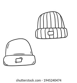 Juego De Sombrero De Punto. Ropa de invierno para la cabeza. Ilustración de esbozo dibujada a mano.