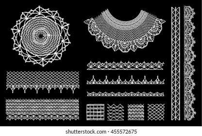 A set of knitted items, crochet doily collar neckline, handmade. Neck decoration, necklace, isolated crocheted lace border with an openwork pattern. Vector illustration. T-shirt