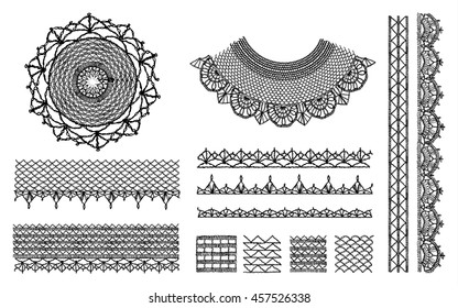 A set of knitted items, crochet doily collar neckline, handmade. Neck decoration, necklace, isolated crocheted lace border with an openwork pattern. Vector illustration. T-shirt