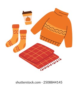 Set of knitted items. Vector illustration of sweater, socks, blanket and hot drink. Cozy autumn.