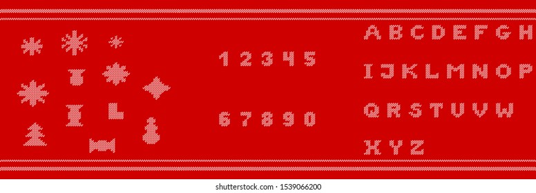 Set of knitted letters, numbers and Christmas icons. Vector. Eps 10.