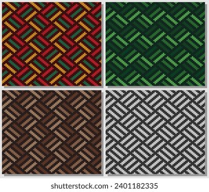 Set of Knitted Metal plate vector seamless pattern. Red Green Yellow Brown Black and White Yarns.