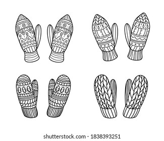 Set of knitted mittens isolated on a white background. Vector illustration in Doodle style. Design for New year and Christmas.