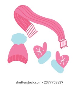 Set of knitted pink hat, scarf and mittens. Simple flat icons in cartoon style. Vector illustration isolated on white background.