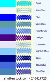 Set knitted stripes in blue color palette with color name – Stockvektorgrafik
