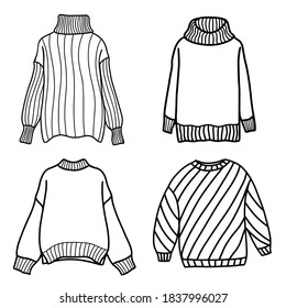 Conjunto de sudaderas de punto y puentes aislados sobre un fondo blanco. Ilustración vectorial en estilo Doodle. Diseño para Año Nuevo y Navidad. ropa de invierno