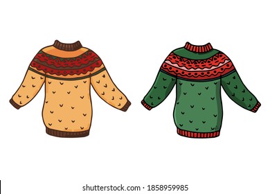 Set of knitted sweaters with a pattern. Сoncept sweet home, cozy mood. Hand drawn vector illustration in doodle style isolated on white background.