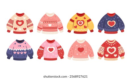 Set of knitted sweaters for Valentine's Day. Pair of sweaters for girl and guy. Vector elements on white background