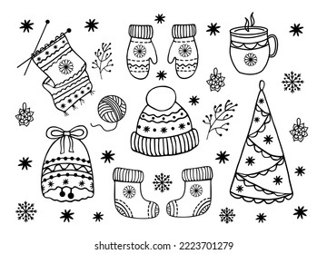 A set of knitted things on a winter theme in the style of doodle, socks, scarf, mittens, hat, Christmas tree and other elements isolated on a white background, handmade monochrome pattern.