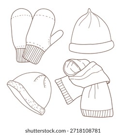 Conjunto de artículos de punto caliente, artículos de punto hechos a mano. Ropa de lana. Sombrero, bufanda y guantes. Ilustración lineal de Vector. Una colección de prendas de abrigo de punto. Accesorios de invierno. 