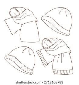 Conjunto de artículos de punto caliente, artículos de punto hechos a mano. Ropa de lana. Sombrero, bufanda y guantes. Ilustración lineal de Vector. Una colección de prendas de abrigo de punto. Accesorios de invierno. 