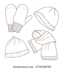 Conjunto de artículos de punto caliente, artículos de punto hechos a mano. Ropa de lana. Sombrero, bufanda y guantes. Ilustración lineal de Vector. Una colección de prendas de abrigo de punto. Accesorios de invierno. 