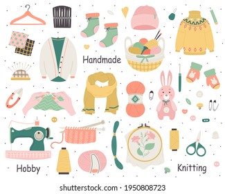 Set of Knitted Warm Winter Clothing and Knitting and Embroidery Tools. Flat Hand Drawn Elements for Handmade, Hobby,Needlework.Accessories and Yarn.Isolated on white background.Vector Illustration.