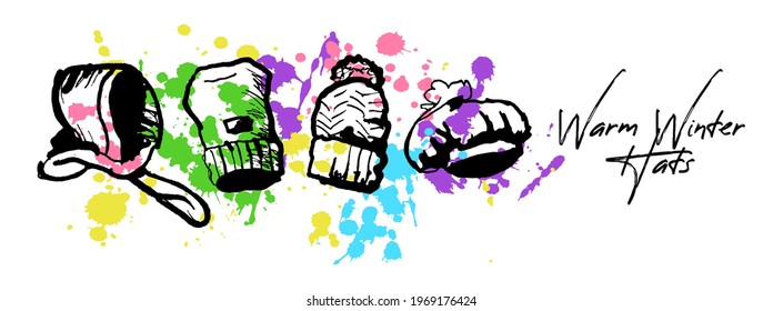 A Set of Knitted Warm Winter Hats. You can use it for Web Design and Banner ads. Horizontal format. Colorful background in the form of Splashes. Vector linear drawn illustration.