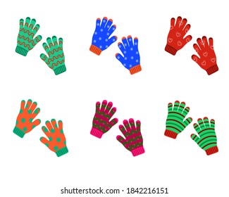 Conjunto de pares de guantes calientes de invierno de punto con varios patrones. Ilustración plana vectorial.