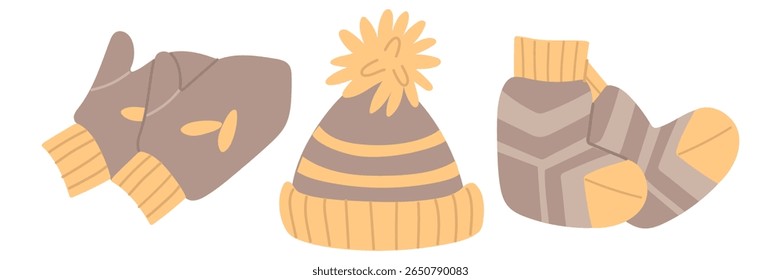conjunto de acessórios de inverno de malha em marrom com listras. Mittens, chapéu com pompom, e um lenço de malha inacabado. Ilustração em cores planas. Adequado para blogs, artigos, cartões postais e artesanato