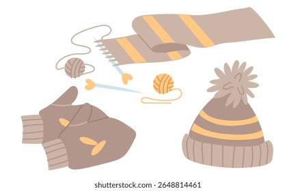 conjunto de acessórios de inverno de malha. Mittens, chapéu com pompom e um lenço de malha inacabado. ilustração de cor plana. Adequado para blogs, artigos, cartões postais, design de site e publicidade feita à mão