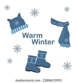 Un conjunto de ropa de invierno de punto de color azul. Sombrero de lana, bufanda con copos de nieve bordados y botas de invierno. Accesorios de invierno. Calurosa ropa interior de invierno. Ilustración del vector