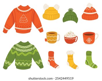 Set of knitted winter clothes and mugs. Cozy winter elements. Vector illustration in flat style.