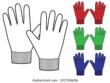 Set of knitted winter gloves isolated on white background. Red, green, blue colors.